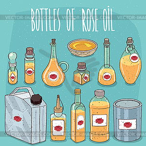 Set of containers with Rose Oil - vector clip art