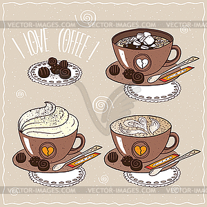 Набор чашек кофе в ручном стиле мультяшныйа - иллюстрация в векторе