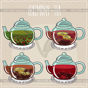 Set of different brewed flower and berry teas - vector image