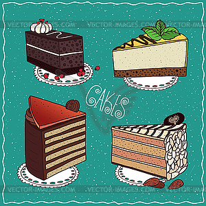 Set of different cakes in handmade cartoon style - vector image