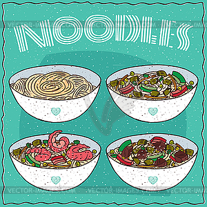 Set of four Asian noodle soups - vector clip art