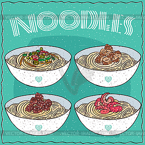 Set of four Asian noodles Ramen or Udon - vector image