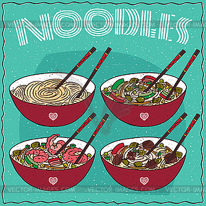 Set of four Chinese noodle soups - vector image