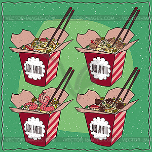 Set of four Chinese noodles in red box - vector EPS clipart