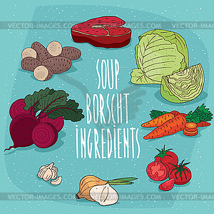 Set of food products for soup Borsch - vector clip art