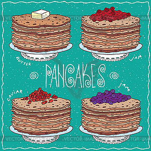 Set of thin pancakes in handmade cartoon style - vector image