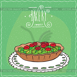 Tartlet with berries and kiwi on lacy napkin - vector clipart