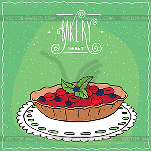 Tartlet with berries and leaves on lacy napkin - vector image