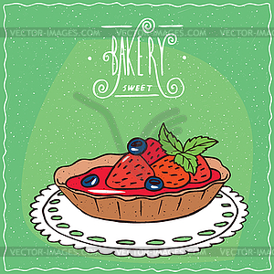 Tartlet with fresh strawberries on lacy napkin - stock vector clipart