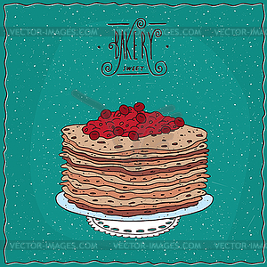 Thin pancakes with red berries on lacy napkin - vector clipart