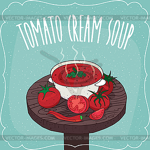 Tomato cream soup with fresh vegetables - vector clip art