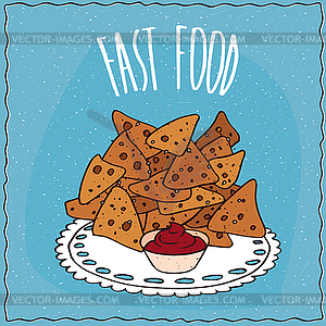 Tortilla chips known as nachos with condiment - vector clipart