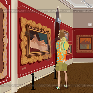 Tourist in picture gallery - vector clip art
