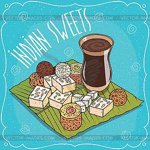 Традиционные индийские сладости и чай масала чай - векторная иллюстрация