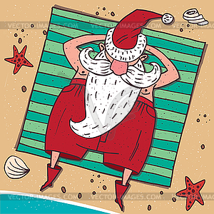 View of above on Santa Claus on beach - vector clip art