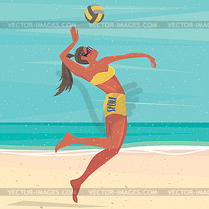 Girl playing with ball at sea - vector clipart