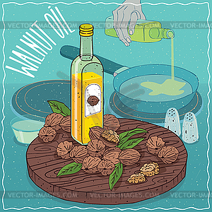 Walnut oil used for frying food - vector clipart