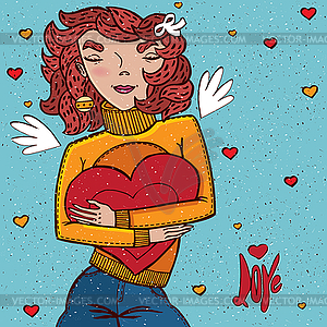 Girl hugs heart - vector EPS clipart