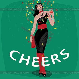 Attractive young girl in black dress welcome - vector image