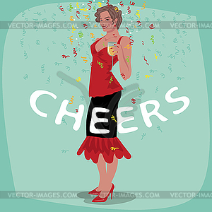 Attractive young girl in red dress welcome - vector clipart