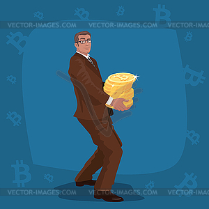 Businessman carry stack of bitcoin coins - vector clipart