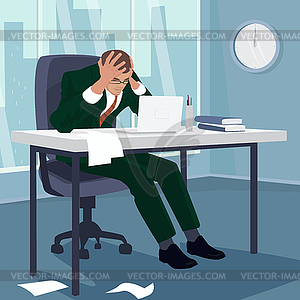 Businessman grabbed his head in despair in office - vector image