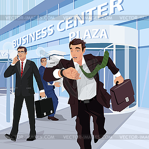 Busy businessmen near of business center - vector clipart