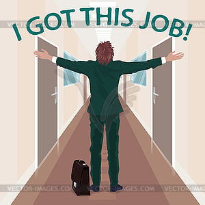 Happy new employee enjoys to got job - vector image