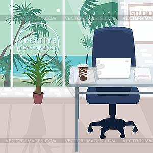 Interior of workplace with ocean view in tropics - vector image