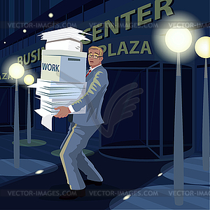 Man carry documents of office to home at night - vector image