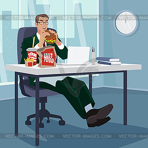 Manager snacking fast food in workplace - vector image