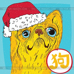 Pekingese or Lion Dog in Santa hat - vector image