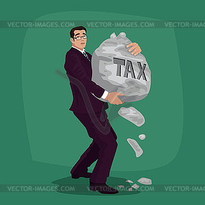 Unhappy businessman carry rock with lettering Tax - vector clipart