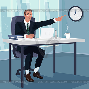 Angry boss points to wall clock - vector clip art