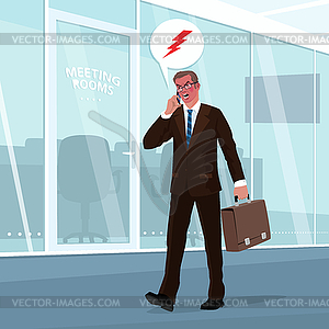 Angry businessman swears by phone in office - vector clipart