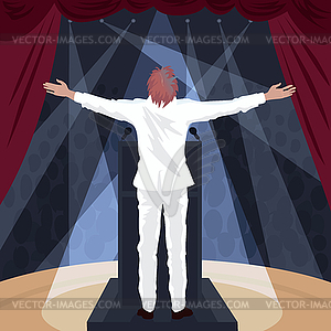 Artist standing on stage with raised open arms - vector image