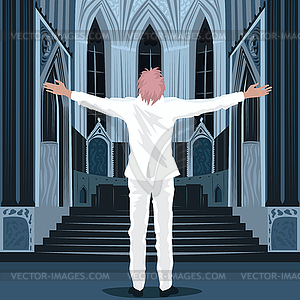 Believing man standing inside Cathedral Church - vector clipart
