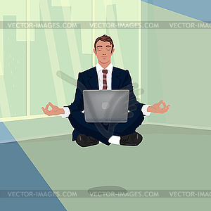 Businessman hovering in office in lotus pose - vector clip art