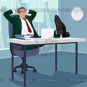 Carefree businessman sleeps in workplace - vector image