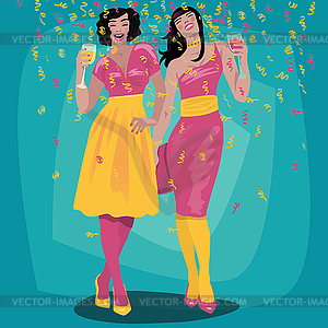 Couple of attractive girls raise their glasses - vector image