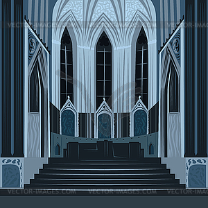 Dramatic view inside Church or Basilica at night - vector image