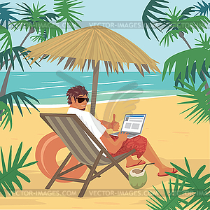 Happy man sitting with laptop on beach - vector clip art