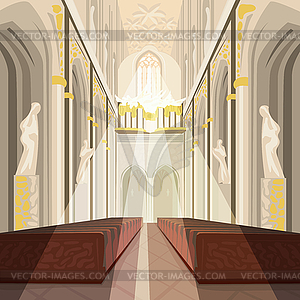 Interior of Cathedral Church or Catholic Basilica - vector image