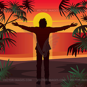 Man stands at sunset with open arms outstretched - vector image