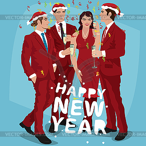 Men and woman in red celebrate New Year - color vector clipart