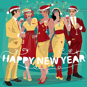 Люди в желтых костюмах празднуют Новый год - стоковое векторное изображение