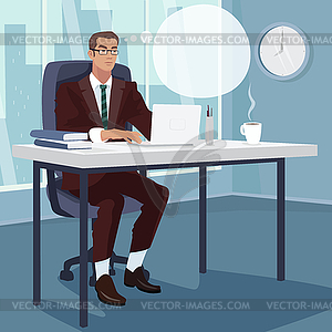 Serious businessman working laptop - vector clip art