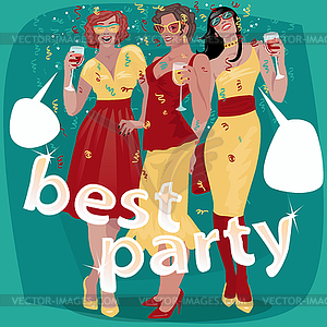 Three beautiful woman invited to party - color vector clipart