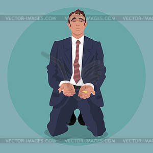 Tired businessman kneeling and begging - vector clip art