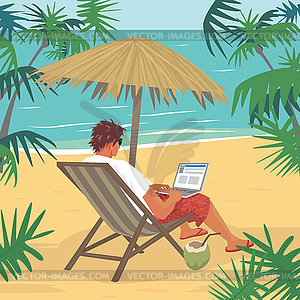 Young man working on laptop on tropical beach - royalty-free vector clipart